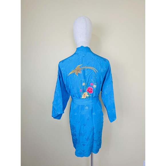1970s Vintage Health China Rayon Mini Robe / 70s Phoenix Floral Embroidered - Picture 4 of 7